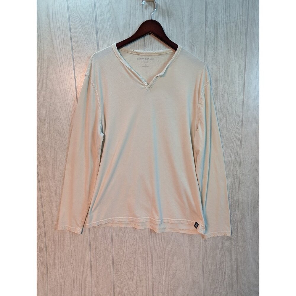 Lucky Brand Henley Shirt Mens XL Beige Long Sleeve Preppy Flaw Lightweight